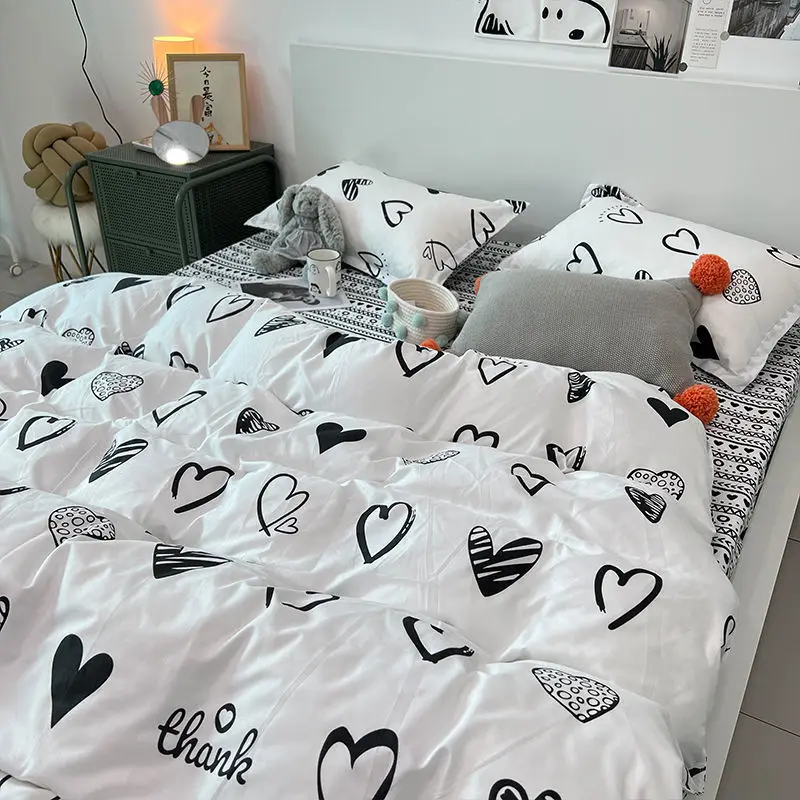 Korean Style Bedding Set Twin Full Queen Size Bed Linen Kids Adult Floral Bed Flat Sheet Pillowcase Black Love Heart Duvet Cover