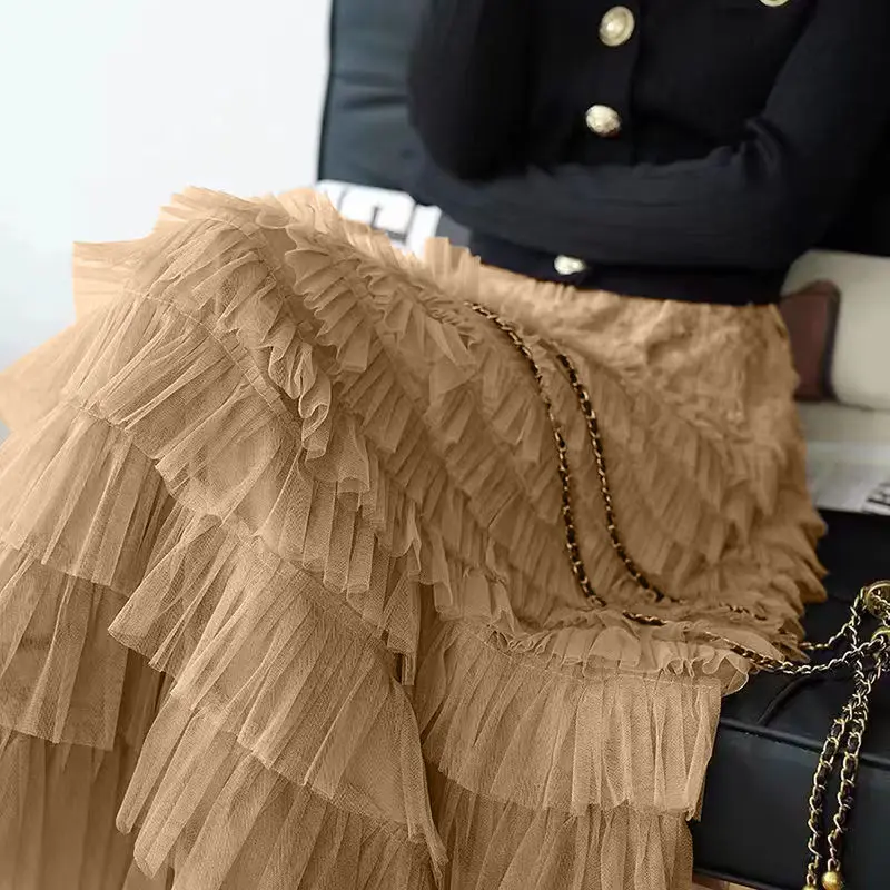 Sommer Frühling Damen Mehrschichtiger Rüschen Tüllrock Plissee Hohe Taille Flauschiger Maxirock Feenkuchenkleid Langer Tutu Partyrock – Detail 11