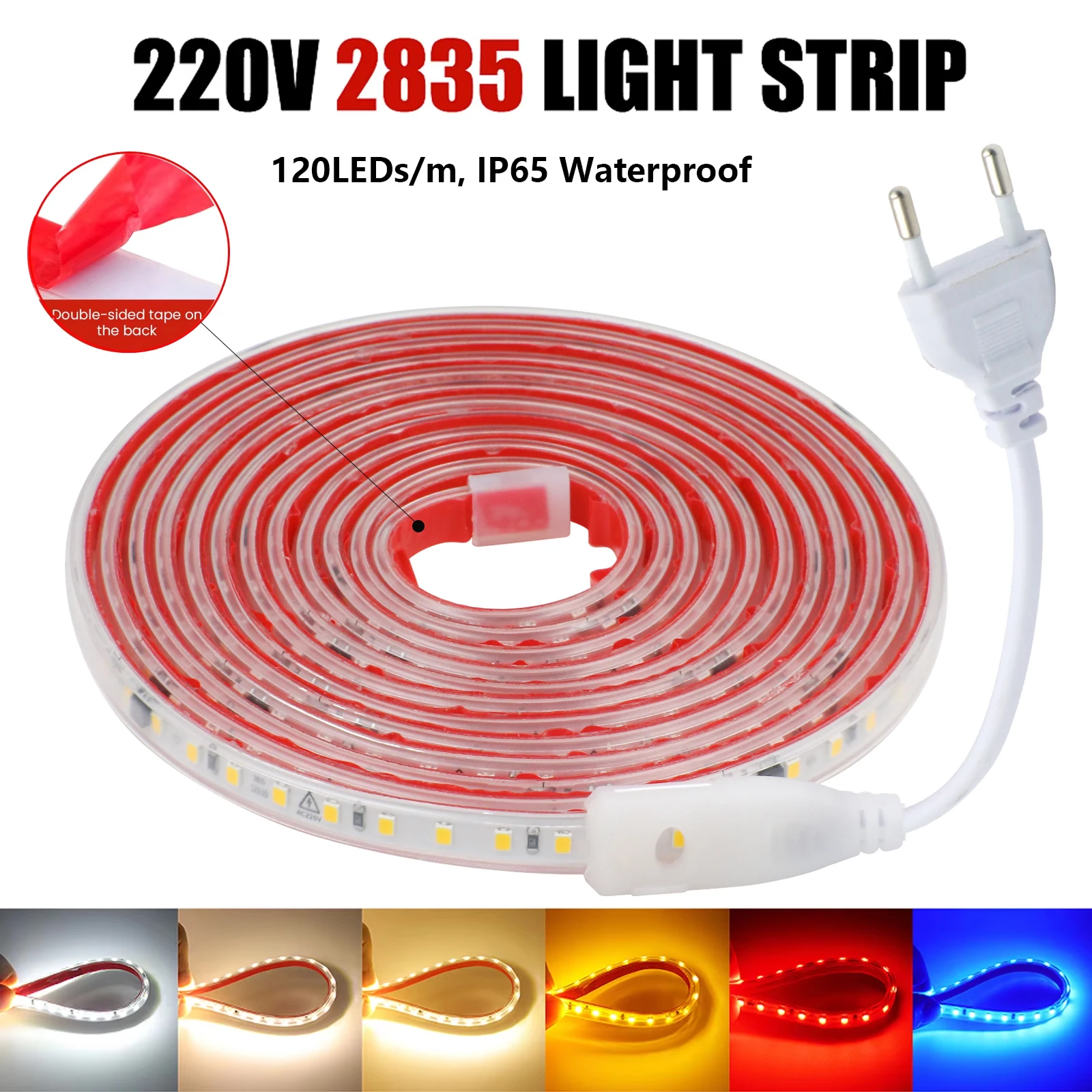 

220V LED Strip 2835 120LEDs/m Waterproof 0.5M 5M 10M 20M 30M 40M Adhesive LED Lighting Strip Diode Tape White Red Green Blue