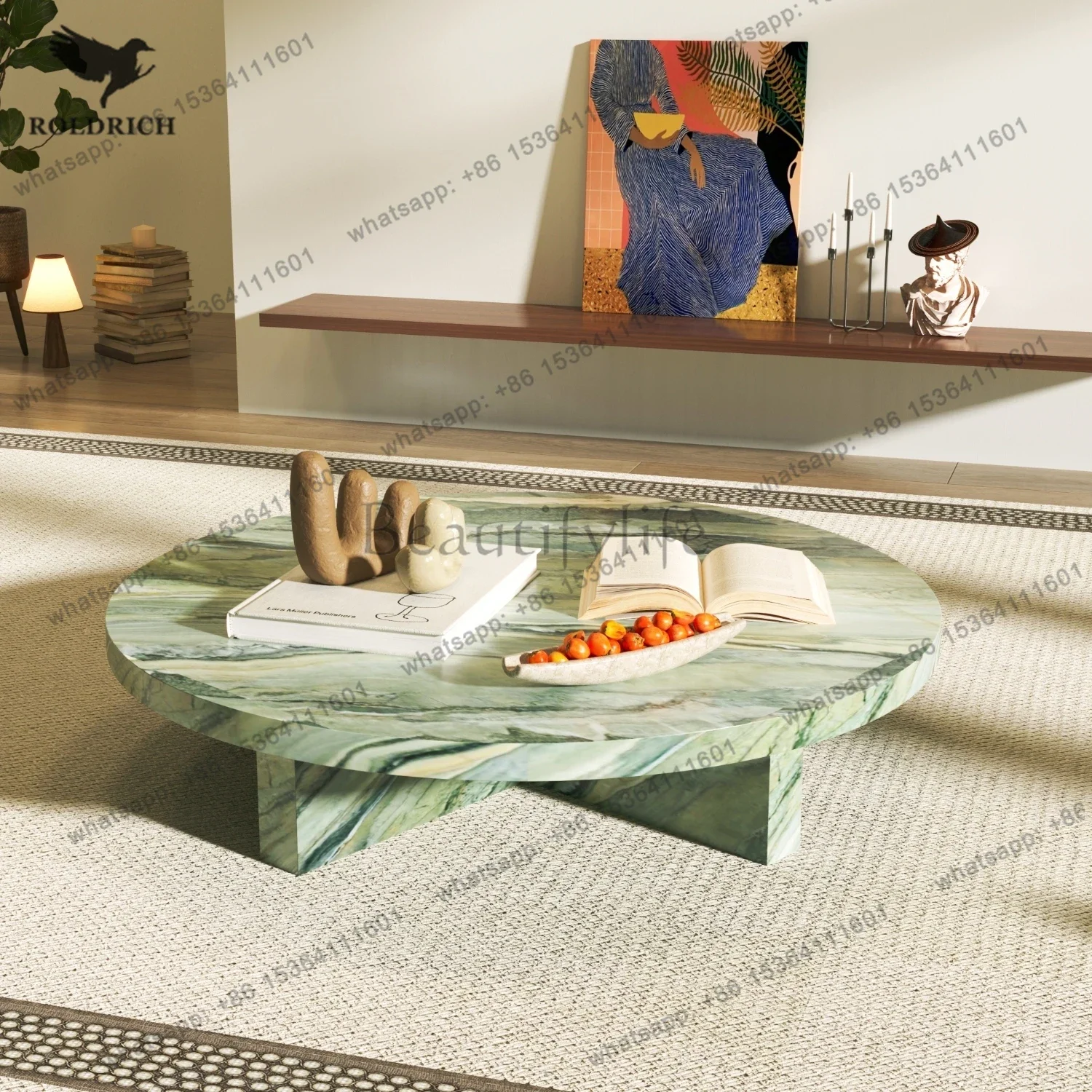 

Green Jadeite Marble Round Coffee Table Medieval Retro Style Living Room Size Luxury Stone Rock Slab Tea Corner Table