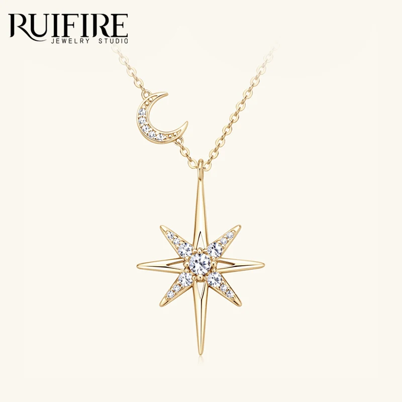 

RUIFIRE 100% 925 Silver Full Moissanite Necklace for Women 14K Gold Plated Star Moon Pendant Necklace Choker Chain Fine Jewelry
