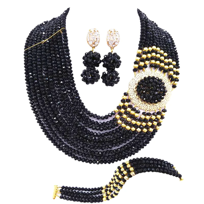 Classic Nigerian Bride Wedding Dress Accessories Black Crystal Necklace African Wedding Ladies Jewelry Couple Jewelry Set YY-34