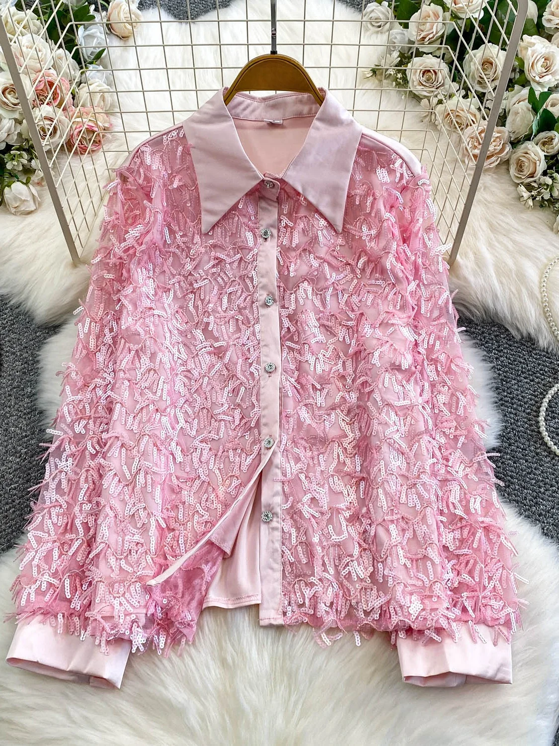 

Ele Sequin Embellied Heavy Work Me Patchwork irt Women's Autumn Winter Stage Performance Sophistied Outerwear