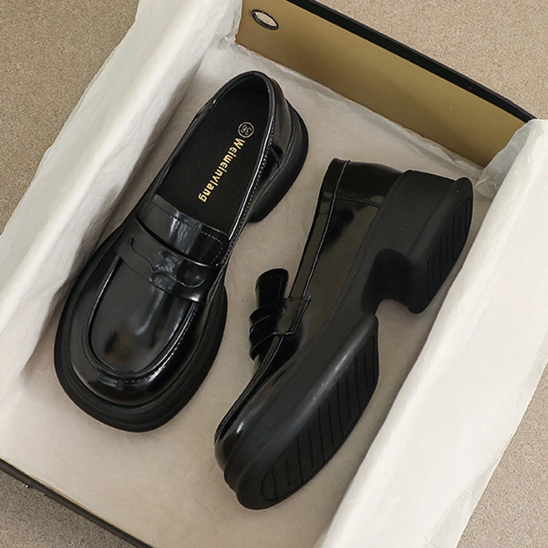 

Лоферы на платформе, женская обувь, повседневные туфли-лодочки без шнуровки на массивном каблуке, удлиняющие туфли-оксфорды с круглым носком, большой размер, черные