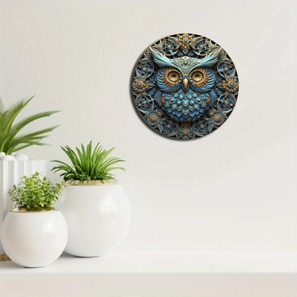 Rustic Owl Themed Wreath Sign, Round Aluminum Metal, 2D Flat Decorative Plaque for Home, Cafe, Wall Decoration