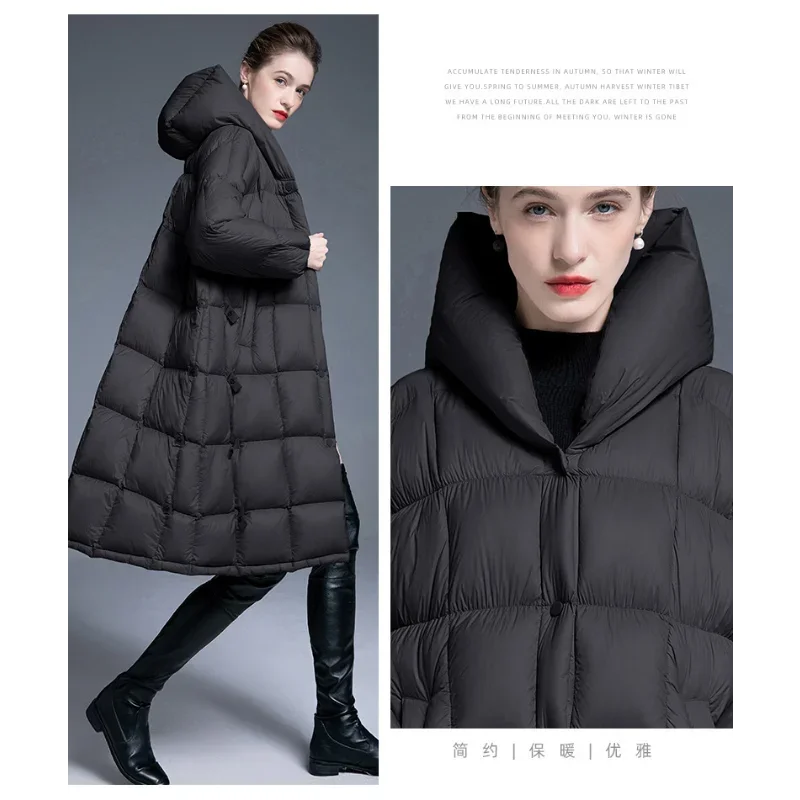 Thickened Hooded Puffer Jacket Women 2025 Winter Mid-Length Down Coats Over-Knee Loose Slim Adjustable A-Line White Duck Parkas