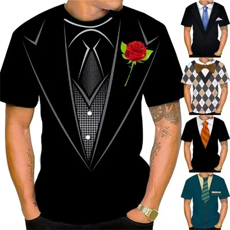 

Personality Men Fashion Funny Fake Suit 3D Printed T-shirt Tuxedo Bow Tie Graphic T-shirt Casual Loose Crewneck Top