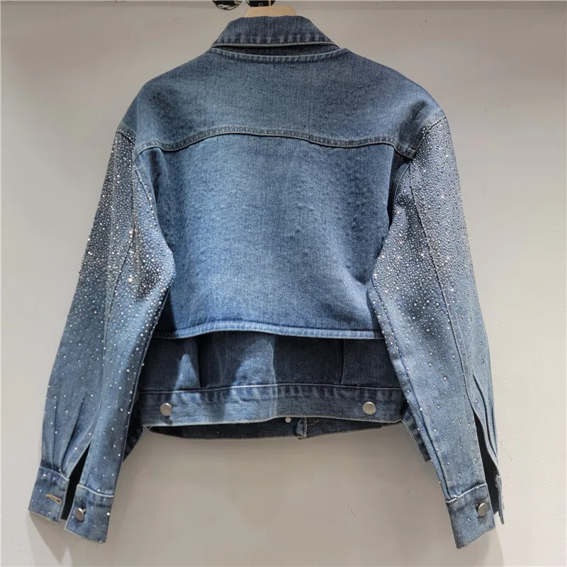 ANJY 2025 خريف جديد إمرأة قصير مستقيم كم طويل صدرية قطعتين الدنيم سترة موضة الماس مزين لامعة A15508 #2