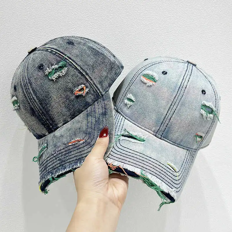 Neue Stil Frauen Kappe Tränen Stil Loch Vintage Bunte Linien Baseball Caps Weibliche Casual Outdoor Streetwear Denim Hut – Detail 3