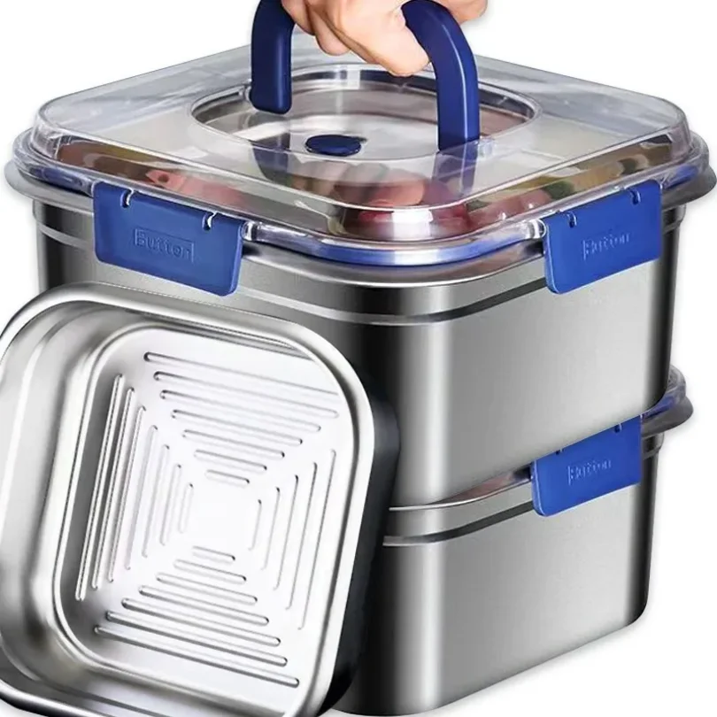 

Large Capacity Fresh-keeping Box Stainless Steel with Handle Refrigerator Storage Boxes Office Portable Bento 1800ml 2500ml