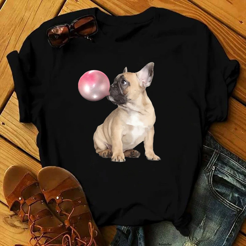 Cute French Bulldog T-shirts Graphic Black Tee Harajuku Tee Shirt Cartoon T-shirt Summer Kawaii Tops Vintage Women Clothes