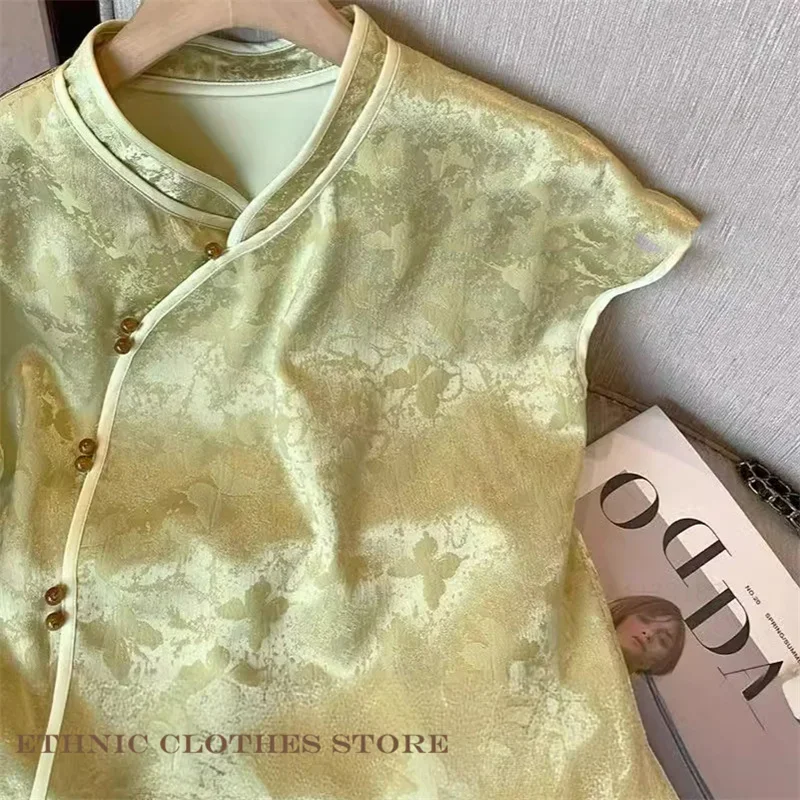 

Новая летняя жаккардовая блузка без рукавов размера плюс 3XL, женские топы Ципао, новая рубашка в китайском стиле Тан, традиционная одежда