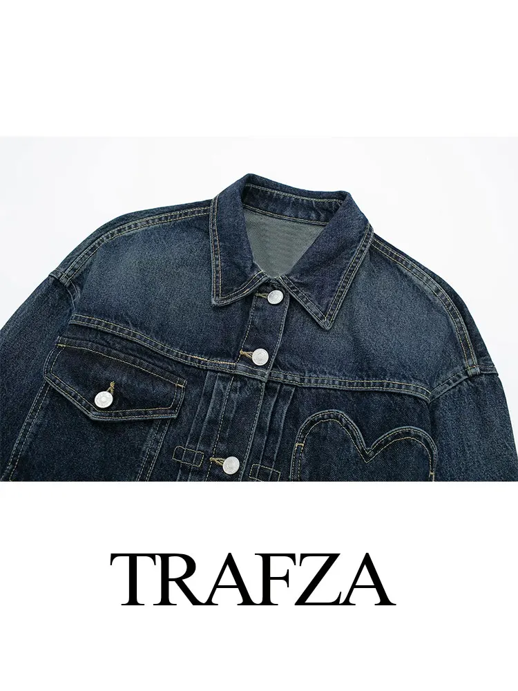 TRAFZA 2024 Cappotto di jeans blu scuro da donna Modello a cuore Capispalla Manica lunga Giacca monopetto Primavera femminile Chic Top Cappotti