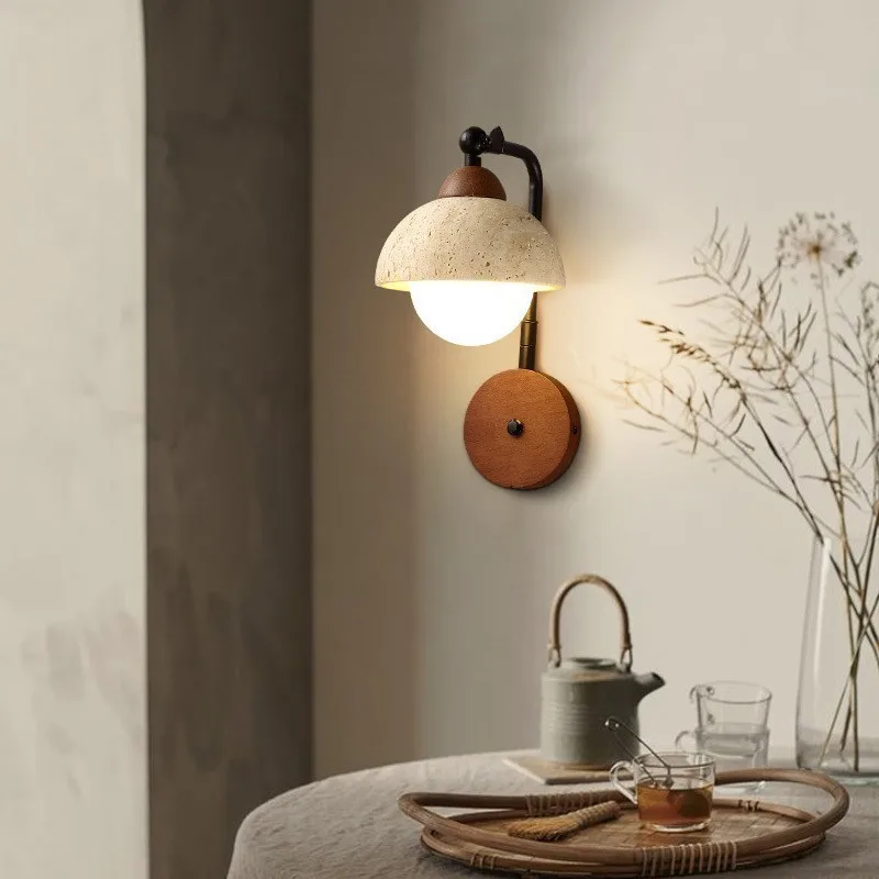 Wabi Sabi Yellow Travertine Wall Lamp Nordic Vintage Walnut Color Solid Wood Base Decorative Indoor Atmospheric wall lamp