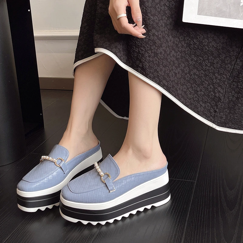 New Arrival Fashion Brand Design Lizard Croc Metallic Chain Mule Sandals Women Wedge Platform Loafers Shoes Zapatos Para Mujer