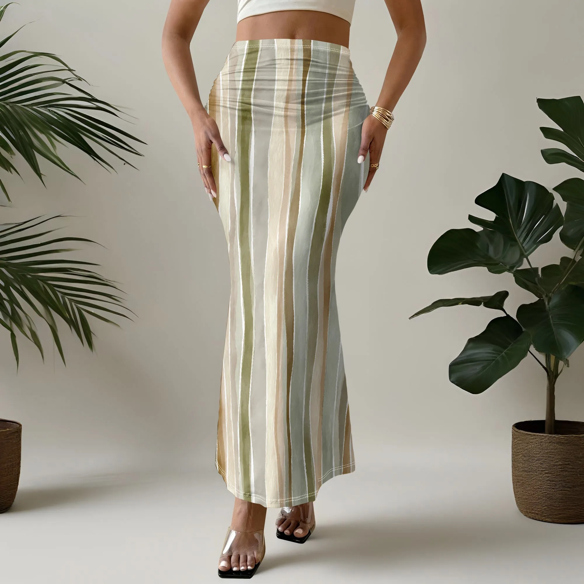 Striped Mermaid Skirt, Vertical Print Midi Skirt, High Waist Bodycon Skirt, Summer Beach Party Wear, S-2XL