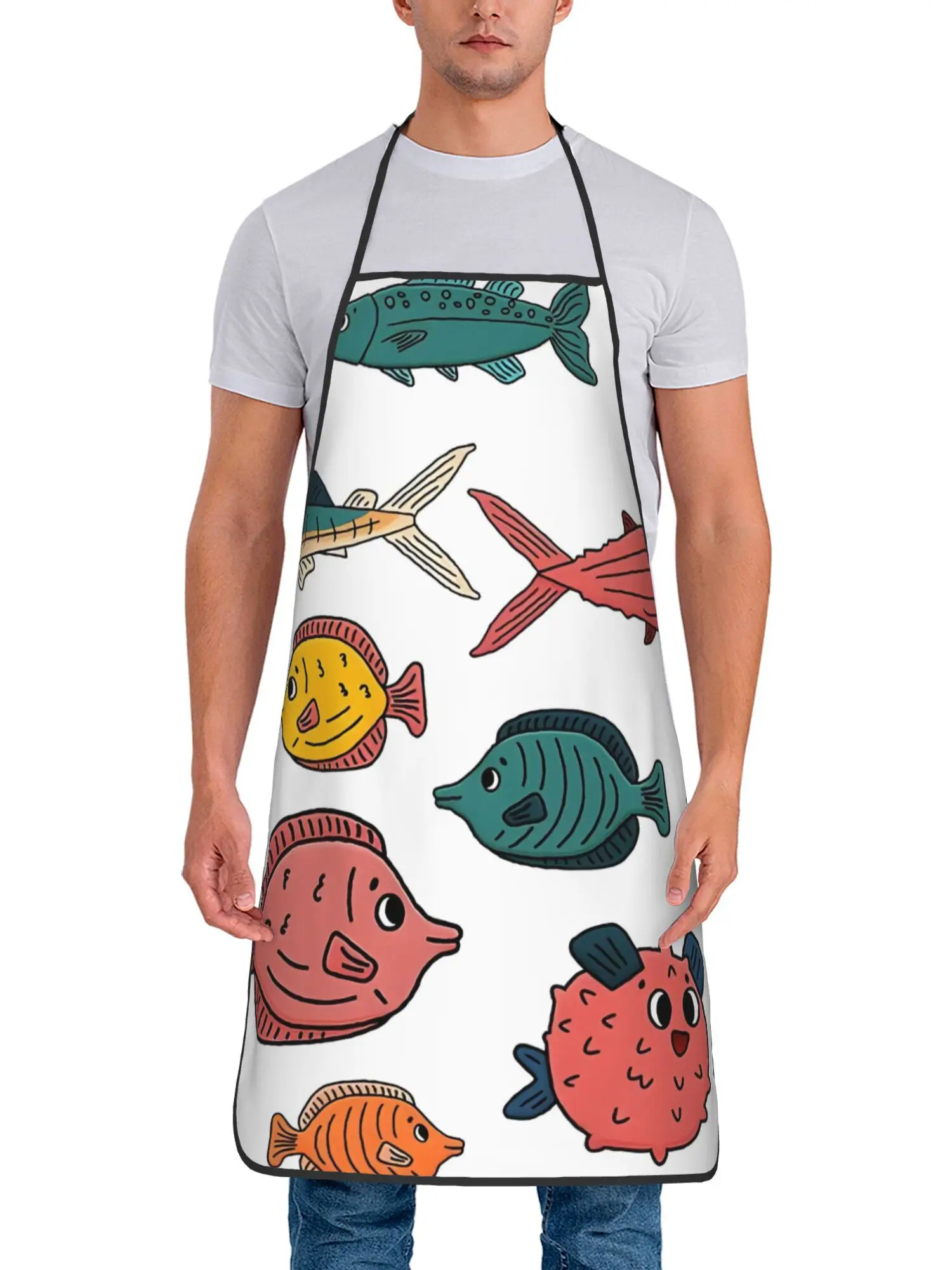 1pc Fashionable Apron - Printed Outline Of Different Cartoon Underwater Fish Tang Flounder Tuna Ocean Burrfish Sea Marlin Doodle