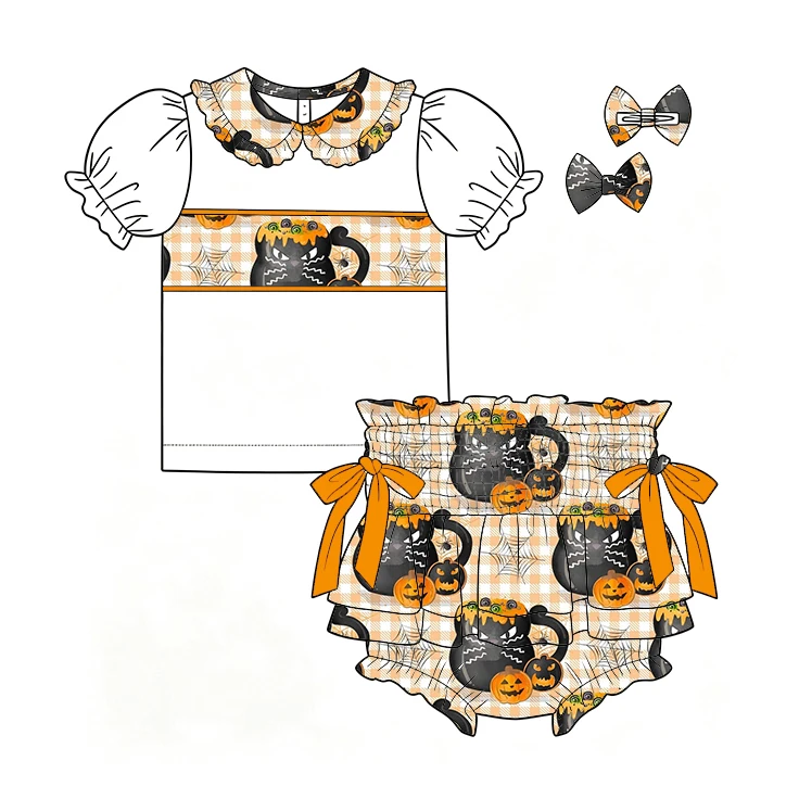 Halloween Boutique Kids Sets Lapel Ruffle Puff Sleeves Top and Smock Elastic-waist Shorts Bow Decoration Pumpkin Kitten Print
