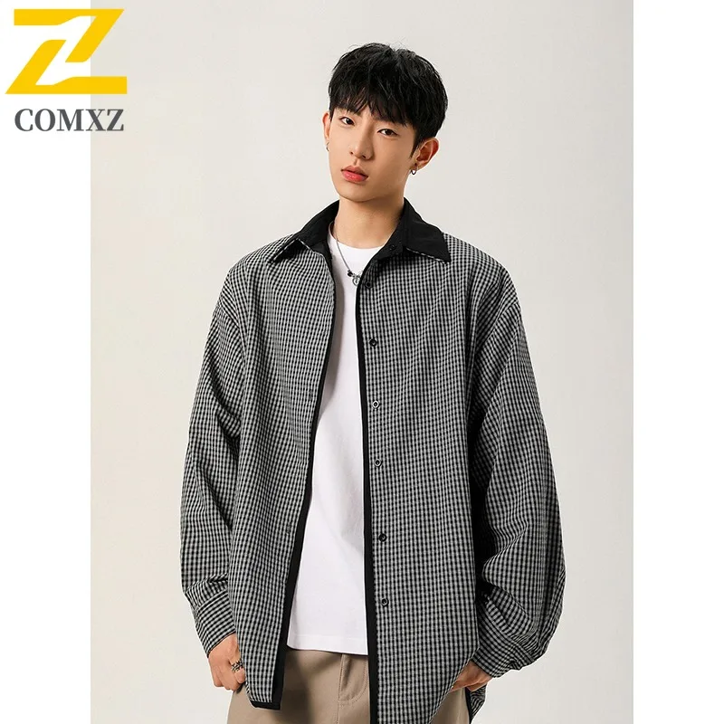 

COMXZ Autumn Two Sides Wear Turn Down Collar Pure Cotton Jacket Loose Casual Coat Men Color Block Top lightweight windbreaker