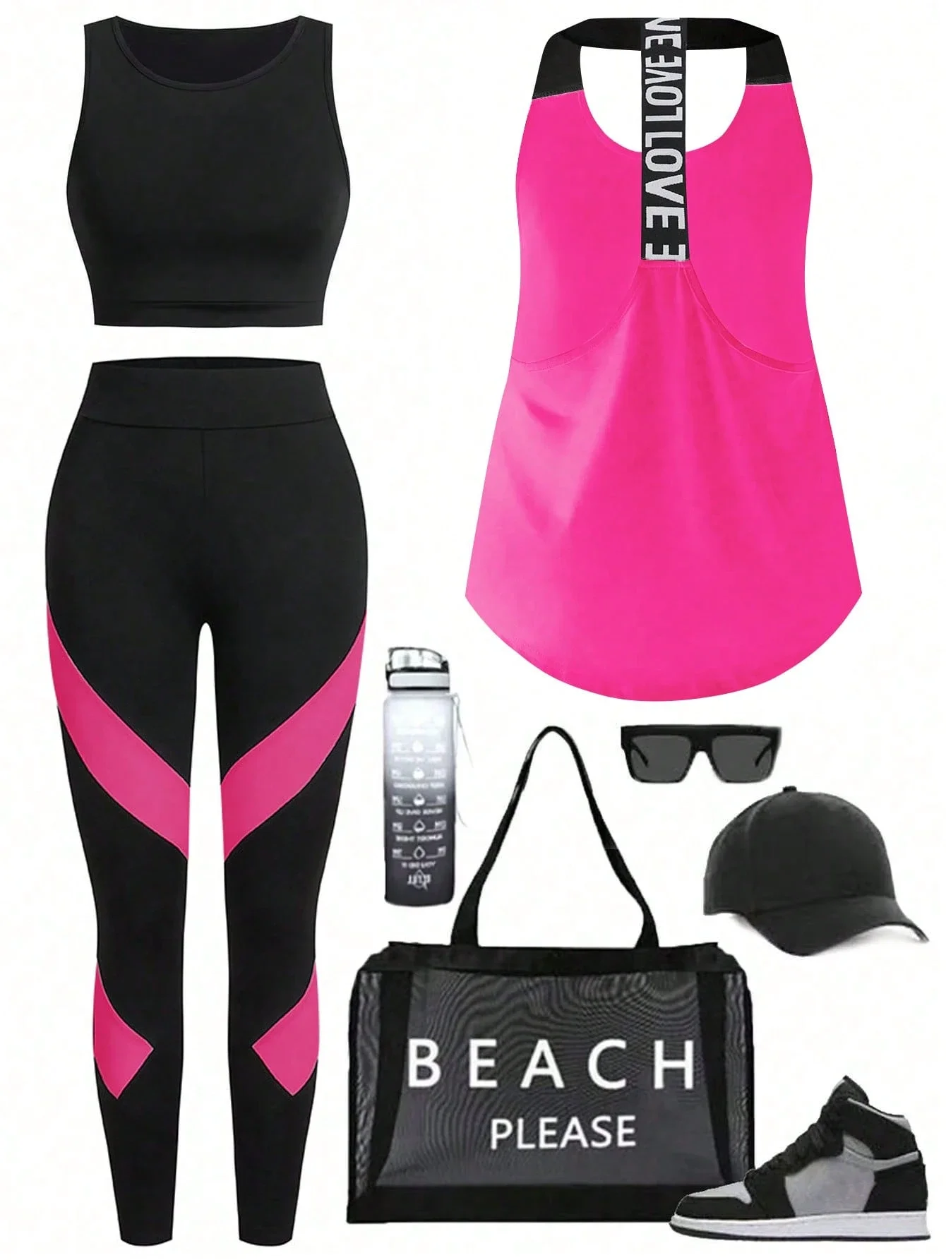 Asymmetrical Hem Halter Tank Top Black Crop Top Contrast Color Leggings 3 Piece Sportswear Set