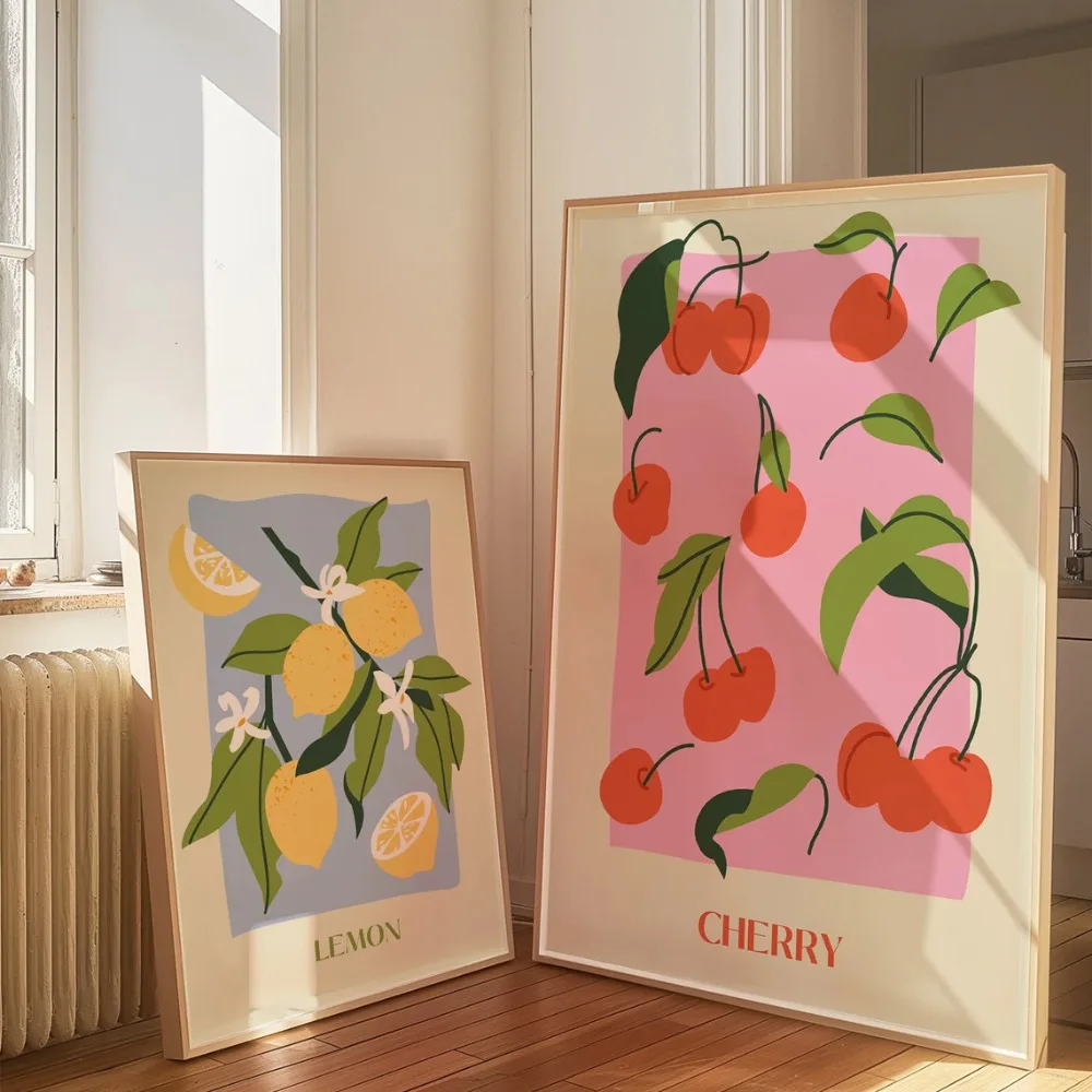 Frameless,Fruit Poster,Pink Delicious Cherry,Yellow Sour Lemon Canvas Painting,Kitchen Room Decor,Restaurant Aesthetic Design