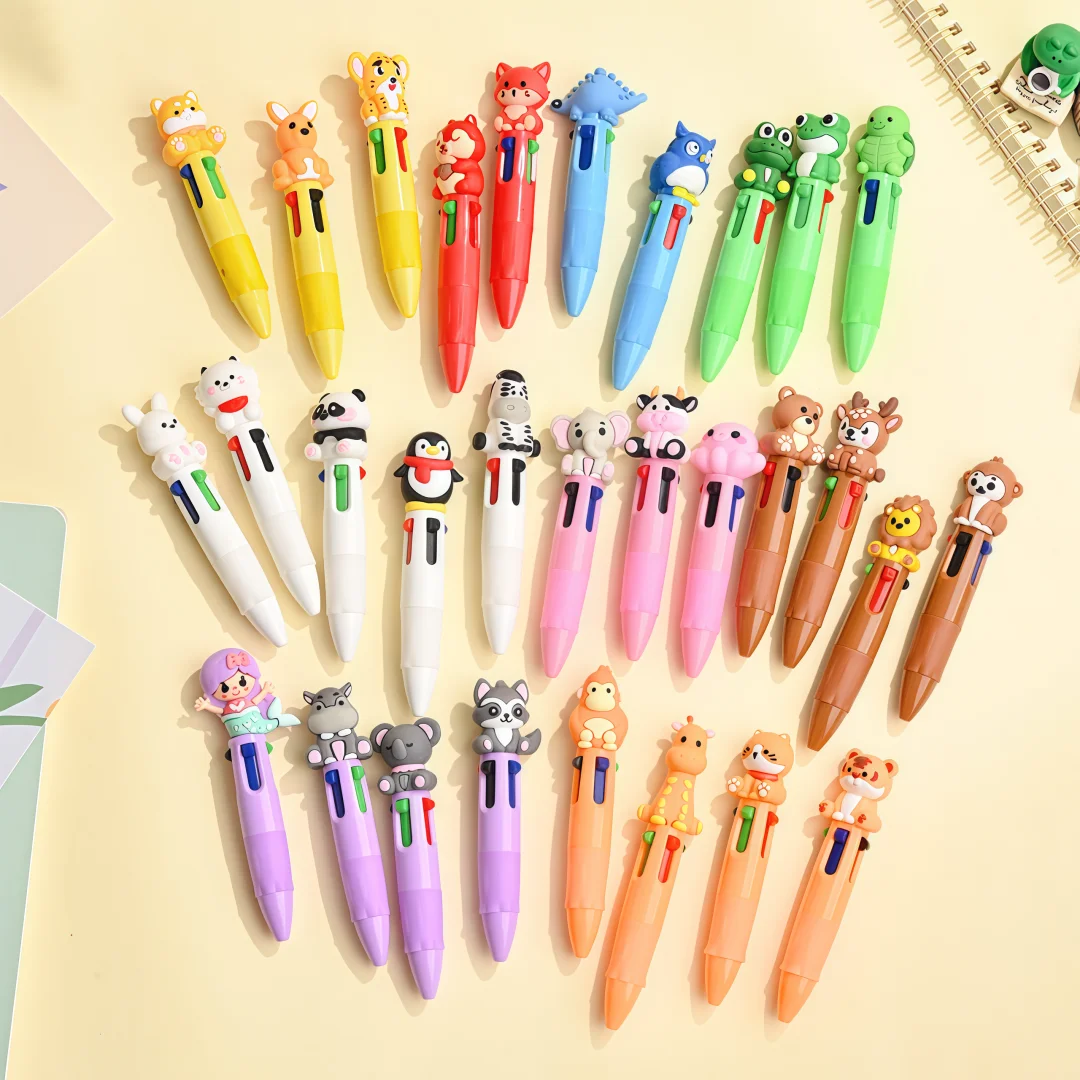 

Набор из 6/18/24 шт. ручек с мультяшными животными, однотонных, четырехцветных, миниатюрных, карманных, с несколькими сменными наконечниками, для деловых записей, креативные, с нажимным механизмом