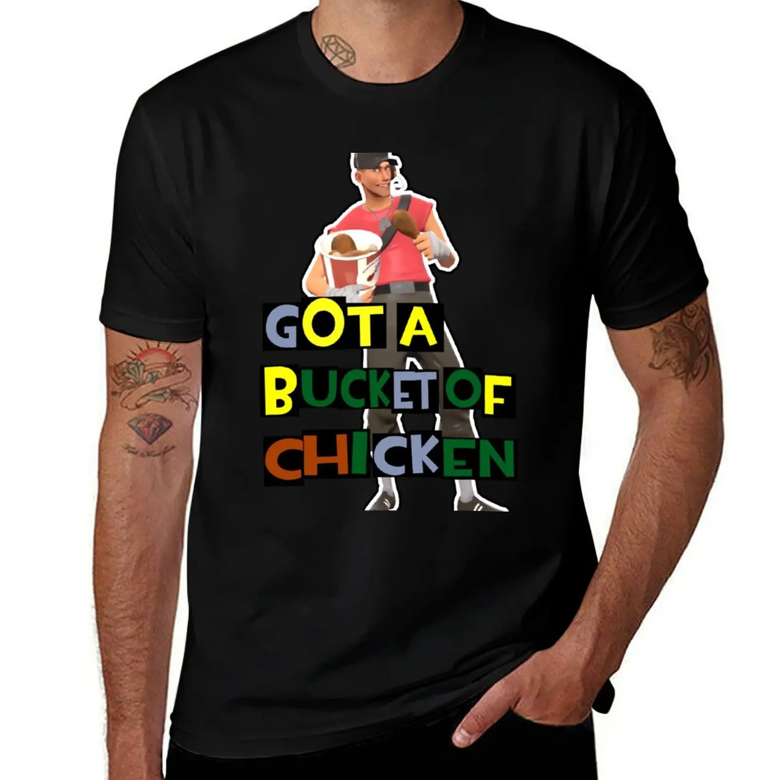 

Got a Bucket of Chicken TF2 Scout Meme Art T-Shirt Casual Loose Short Sleeve Tee for Men