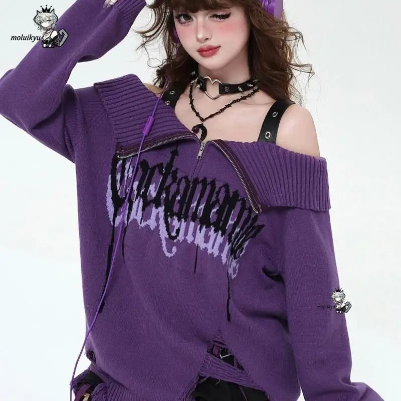 Harajuku Jumper Autumn Winter Pullover Ladies Gothic Letter Print Off Shoulder Knitted Sweater Subculture Black and Purple Lapel