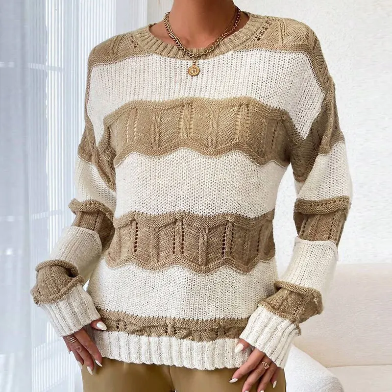 

Осенне-зимний свободный вязаный свитер в полоску с длинными рукавами и круглым вырезом, универсальный женский свитер