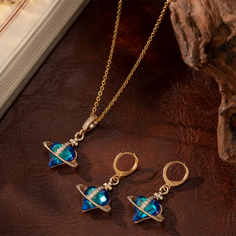 LuckyShine Jewelry Set Heart Mystic Topaz Gemstone Gold Plated Gorgeous Charm Dangle Earrings Necklaces 2 Pcs/1Sets
