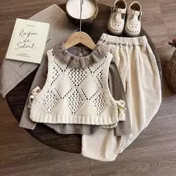 Girls' Knitted Vest Set Autumn New Fashionable Retro Children's Baby Girl Loose Pants Undercover 3-Piece Set