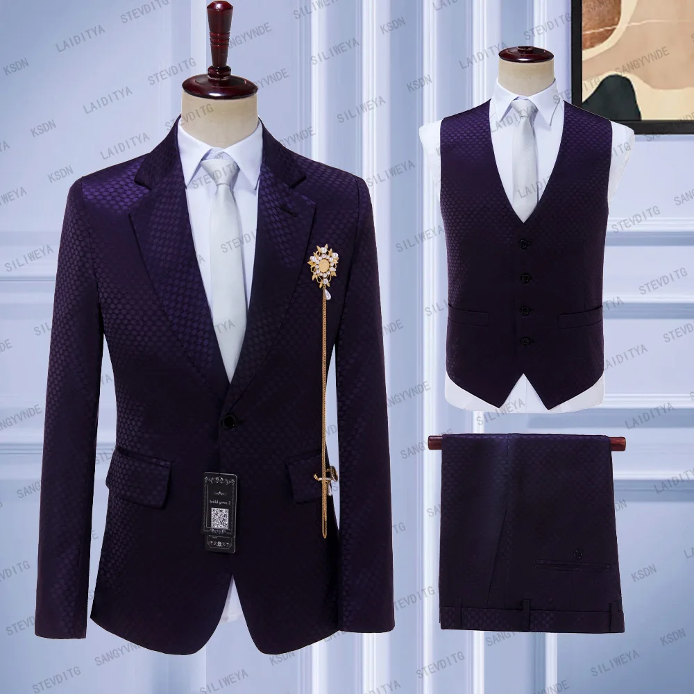 

2023 Tailor-made Dark Purple Jacquard Suits For Men 3 Pcs Slim Fit Formal Wedding Best Tuxedo Fashion Blazer Vest Pants Set