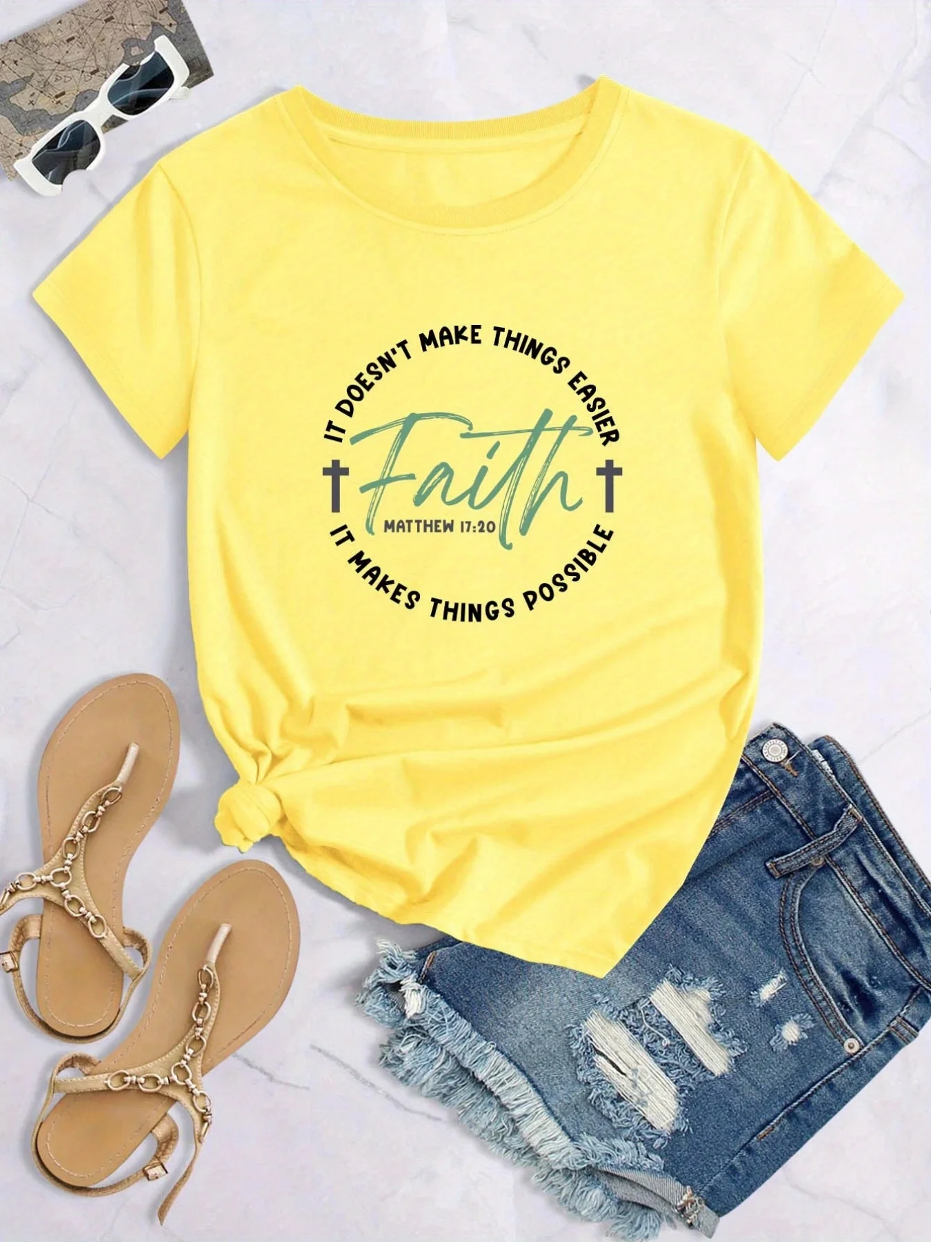 Faith Print Christian T-Shirt, Short Sleeve Crew Neck Casual Top For Summer & Spring, Women\'s Clothing