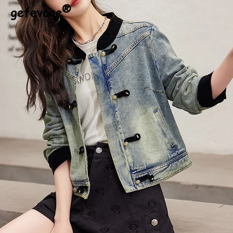 

New Spring Autumn Women Trendy Vintage Harajuku Y2K Denim Jacket Korean Casual Streetwear Outewear Stand Collar Long Sleeve Coat