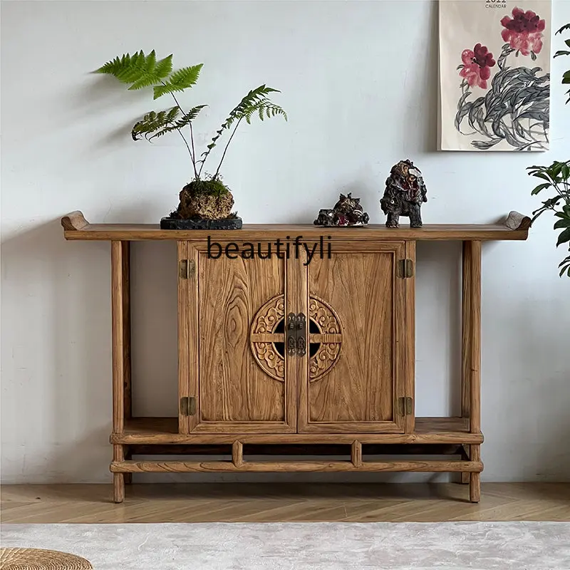 Old Elm Hallway Cabinet Weathering Wood Cross-Head Strip Solid Wood Partition Middle Hall Desk Incense Desk