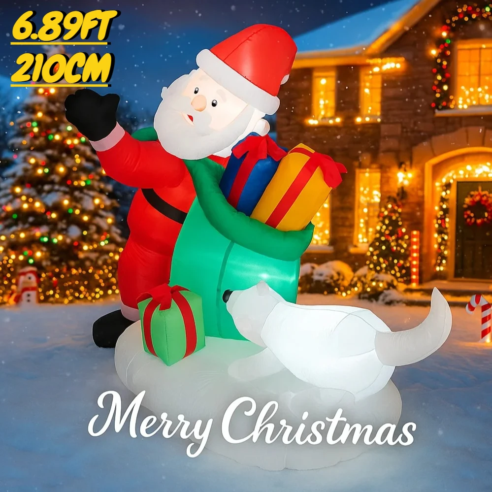 

6,89 футов надувная игрушка Санта-подарочная сумка для собак, рождественские украшения для двора, рождественские принадлежности, украшения для дома, праздничные подарки со светодиодной подсветкой