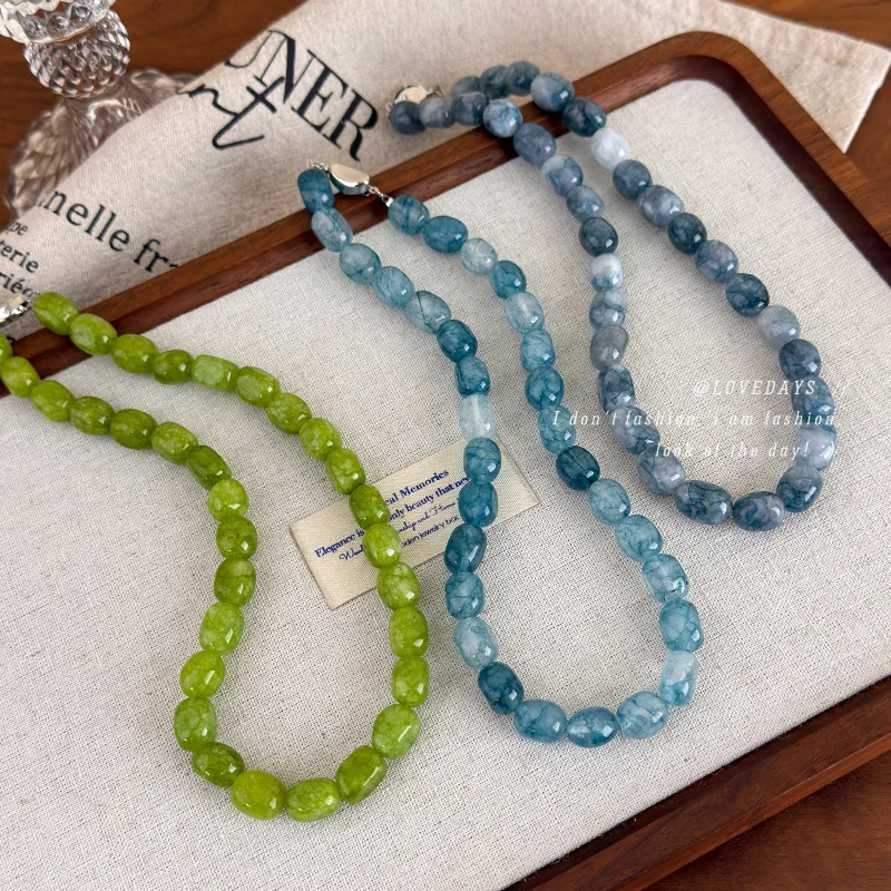 Necklace Colorful Irregular Natural Stone Beads Vintage New Chinese Style Ingot Clasp Clavicle Chain Women Lightweight Daily