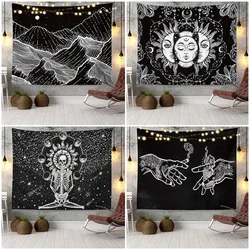 Star Moon Mountains Black and White Bed Sofa Live Background Fack boho decor tapestry wall hanging room aesthetic