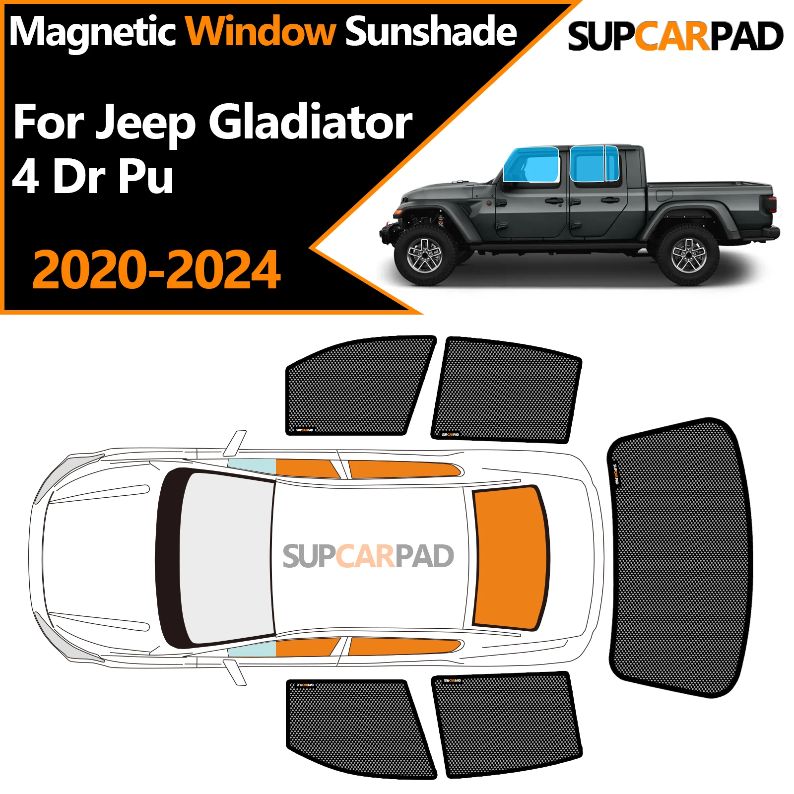 

Custom Car Window Sunshade For Jeep Gladiator 4 Dr Pu 2020-2024 Magnetic Curtain Mesh Front Windshield Frame Curtain