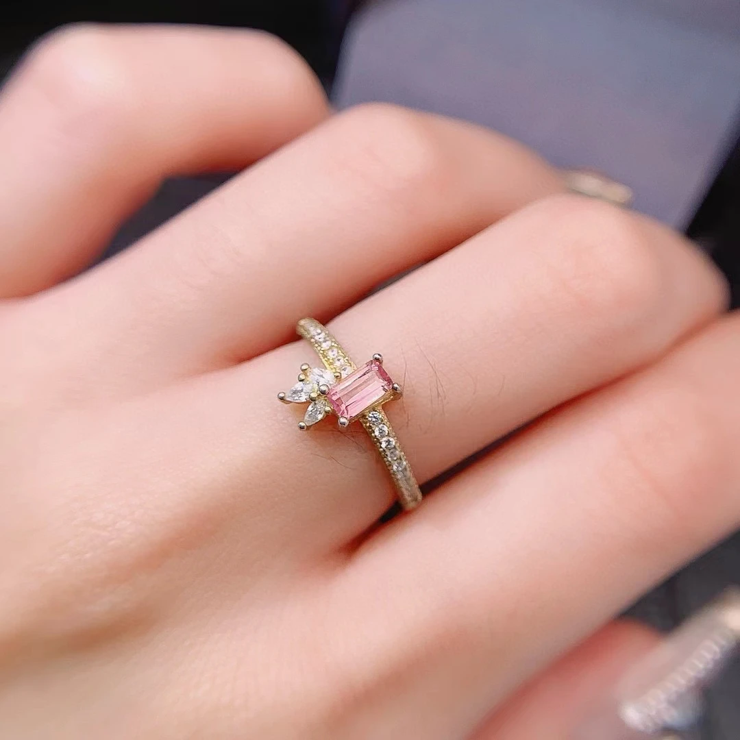 Cute Pink Tourmaline Ring 3mm*5mm Natural Tourmaline Silver Ring Solid 925 Silver Gemstone Jewelry with Gold Plated Keep Shining