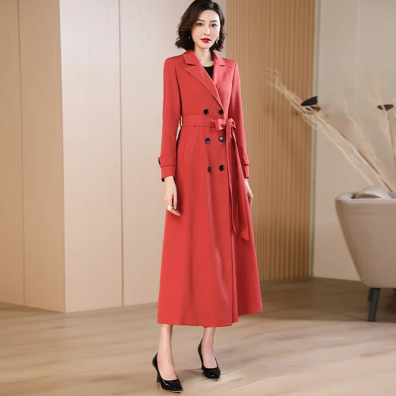 

Women's Brick Red Long Coat - 2026 New Arrival Autumn Spring Slim Fit Office Blazer Jacket,High-End Elegant Notched Lapel Trench