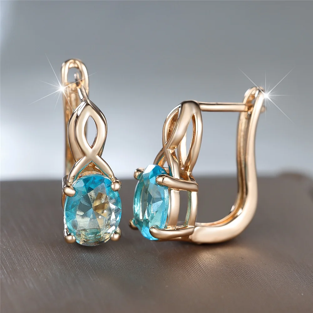 Crystal Female Light Blue Zircon Stone Oval Hoop Earrings Vintage Fashion Gold Color Wedding Jewelry For Women