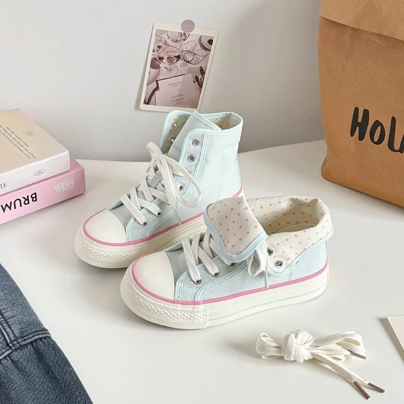 Women's High Top Platform Canvas Sneakers Polka Dot Foldable Collar Lace Up Breathable Korean Style Casual Shoes Fall 2026 view 4