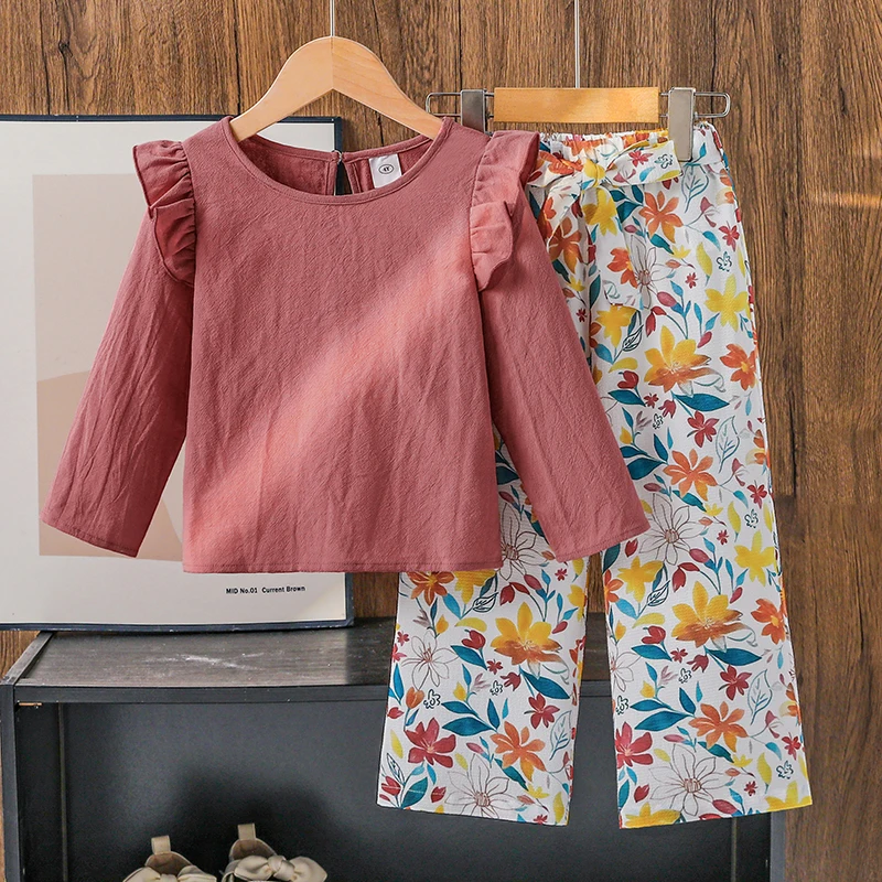 2025 الخريف 2 قطعة بدلة الاطفال بلون الوردي س الرقبة طويلة الأكمام بلوزات و الملونة طباعة مرونة الخصر السراويل للفتيات 4-7 سنوات #1