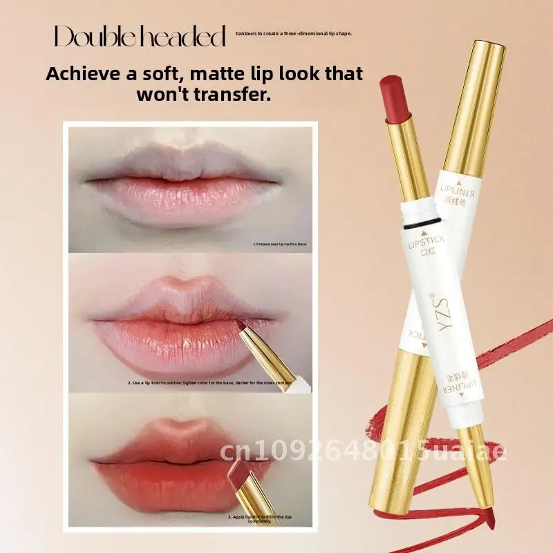 Batom de ponta dupla antiaderente de névoa macia e delineador labial à prova d'água fosco de longa duração branco canela leite chá retrô pimenta caramelo