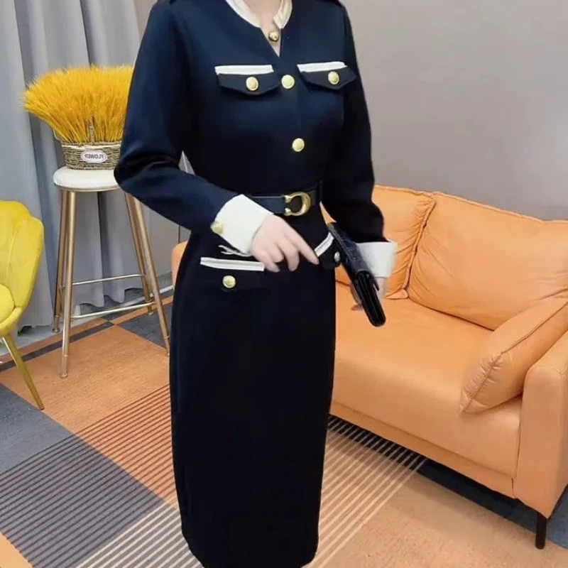 Large Size Small Fragrant Style Long Sleeved Women\'s Autumn and Winter New Fashion Style Slimming and Thickening Base Dresses