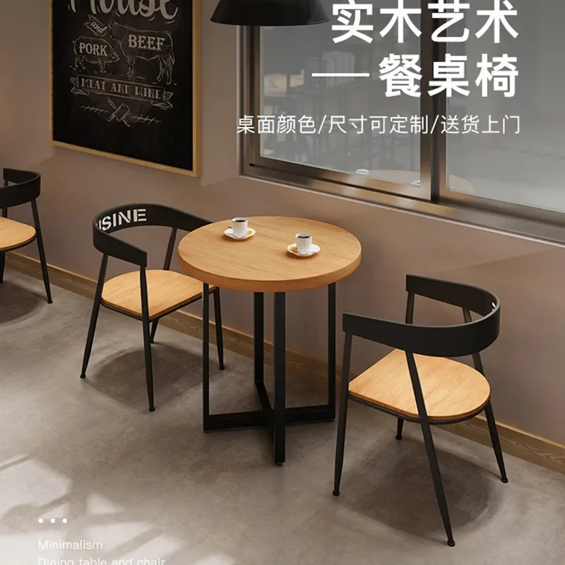 Nordic Solid Wood Round Table and Chair Set Simple Wrought Iron Base Creative Retro Dining Furniture for Cafe Restaurant