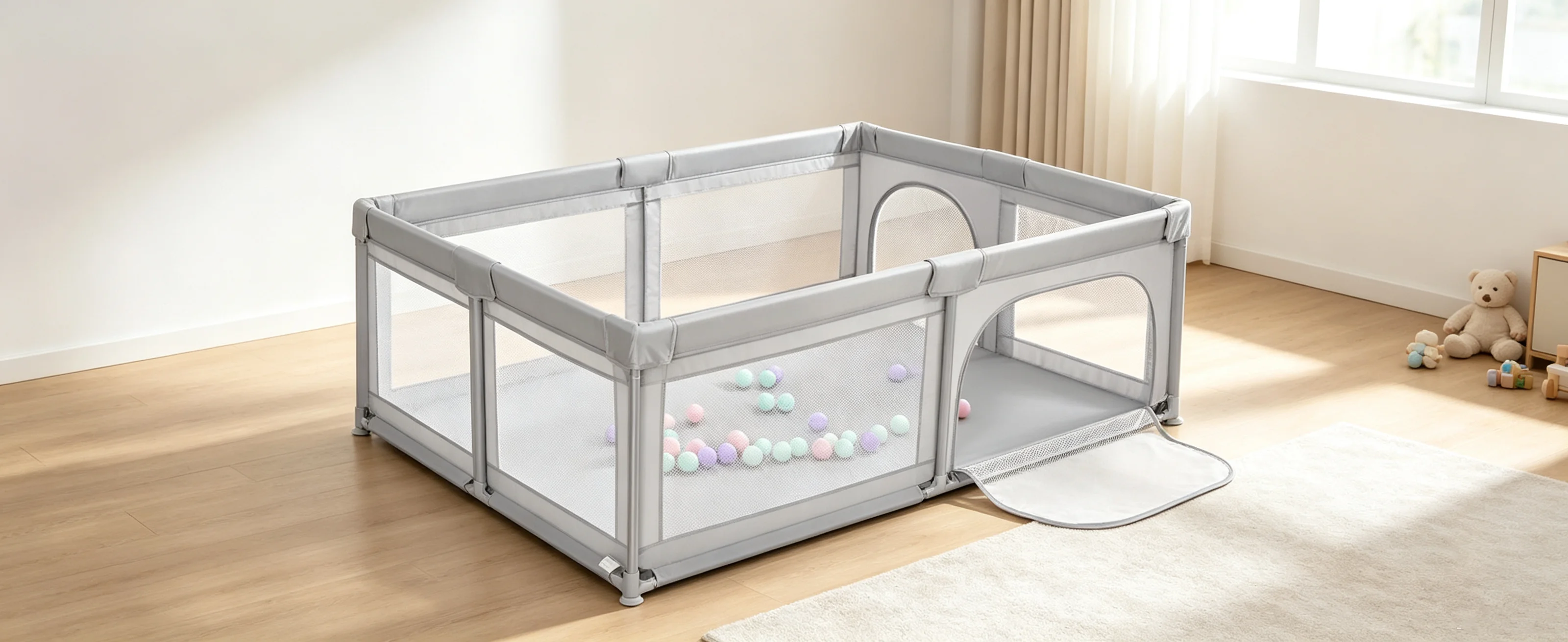 Baby-Laufstall, Indoor- und Outdoor-Laufstall, Baby-Spielbereich inklusive 50 Ozeanbällen, Hellgrau/Dunkelgrau/Grün/Schwarz, 120X120X66Cm/180X120X66Cm/205X147X66Cm – Detail 2