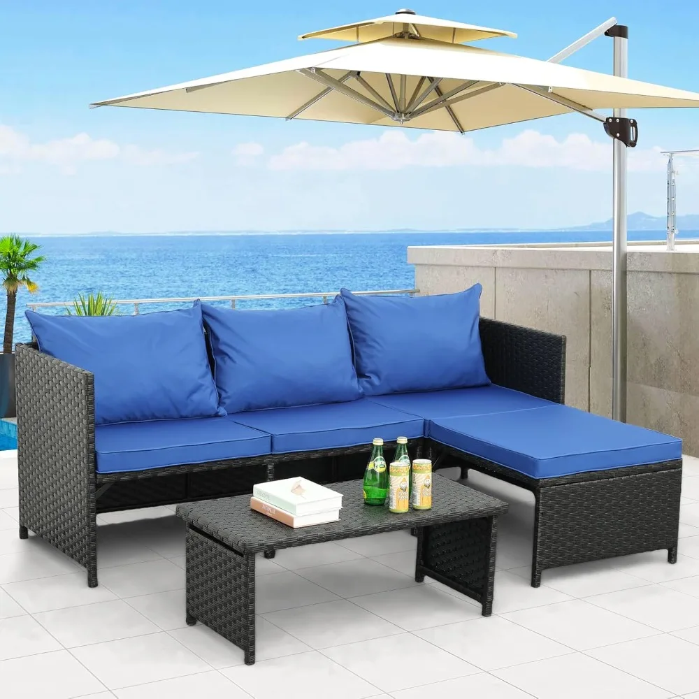 

3-Piece Outdoor PE Rattan Furniture Set Patio Black Wicker Conversation Loveseat Sofa Sectional Couch Royal Blue Cushion