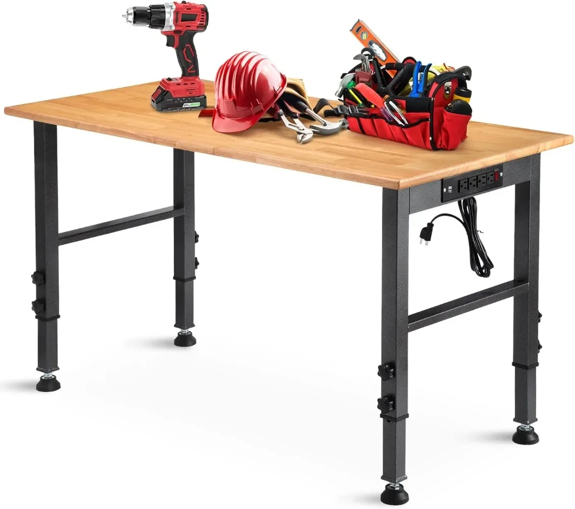 48 "Adjustable Workbench with Power Outlet, Heavy Duty 2000 LBS Load Capacity Hardwood Workbench, Office, Garage, Home